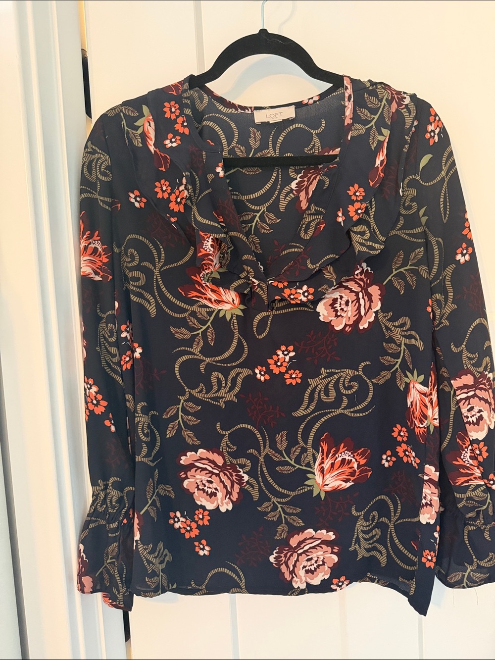 LOFT Navy Floral Ruffle-Trim Long Sleeve Blouse